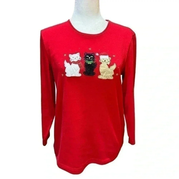 Mercer Street Studio Christmas Cat Trio Red Long Sleeve Size S - Picture 1 of 7